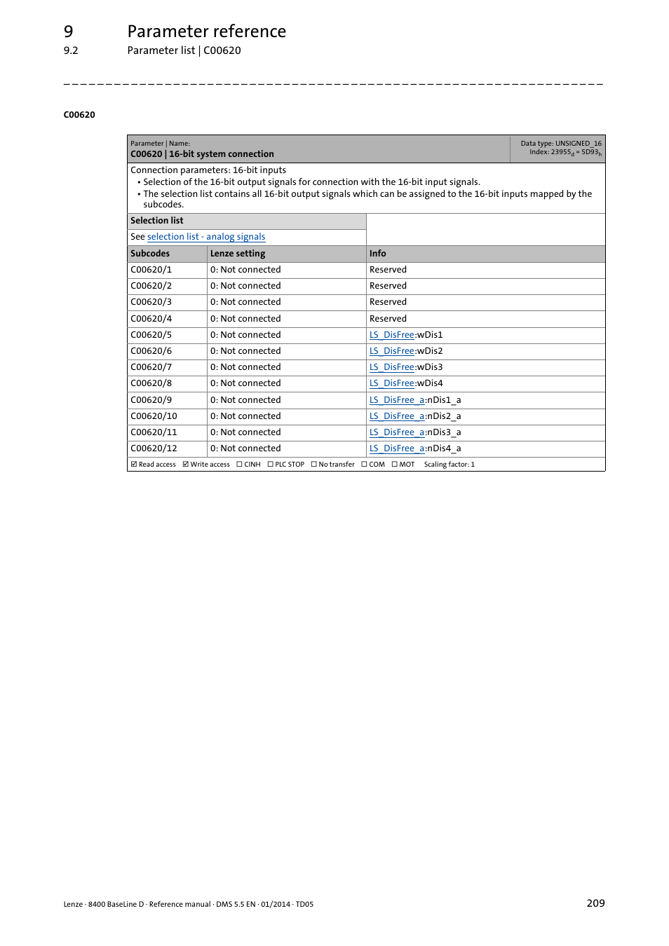 C00620 | 16-bit system connection, C620, System con | C620/5, C620/6, C620/7, C620/8, C620/9, C620/10, C620/11 | Lenze 8400 BaseLine D User Manual | Page 209 / 260