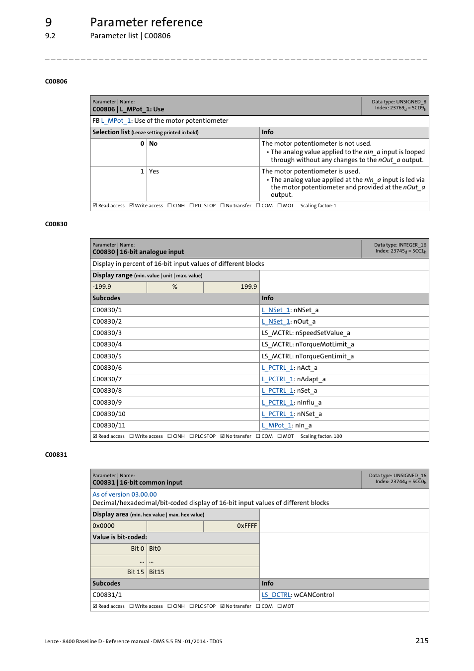C00806 | l_mpot_1: use, C00830 | 16-bit analogue input, C00831 | 16-bit common input | C806, C830/4, C830/5, Or via, C830/11, C830/1, C830/2 | Lenze 8400 BaseLine D User Manual | Page 215 / 260