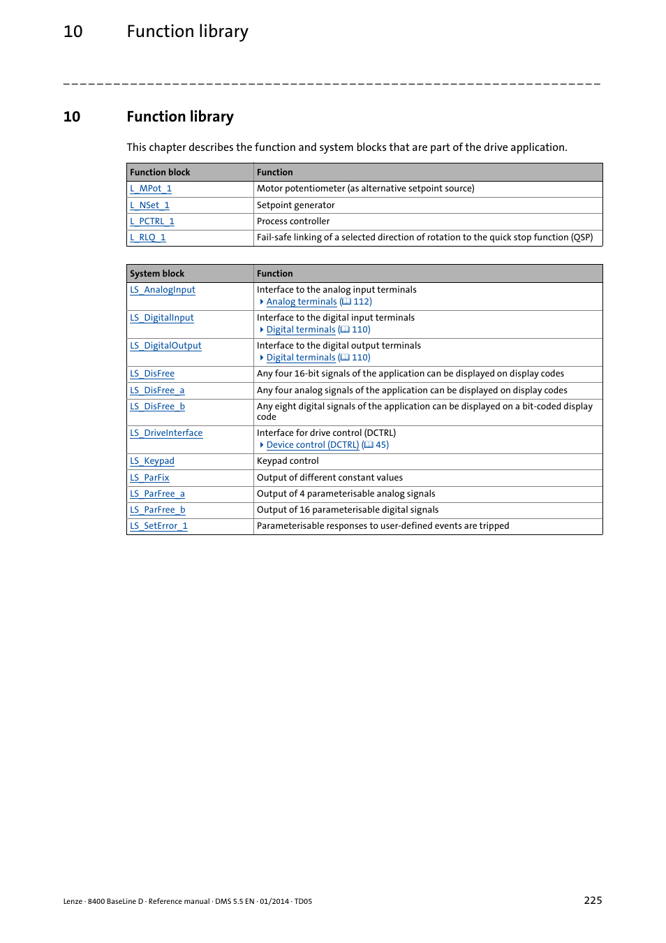 10 function library, Function library | Lenze 8400 BaseLine D User Manual | Page 225 / 260