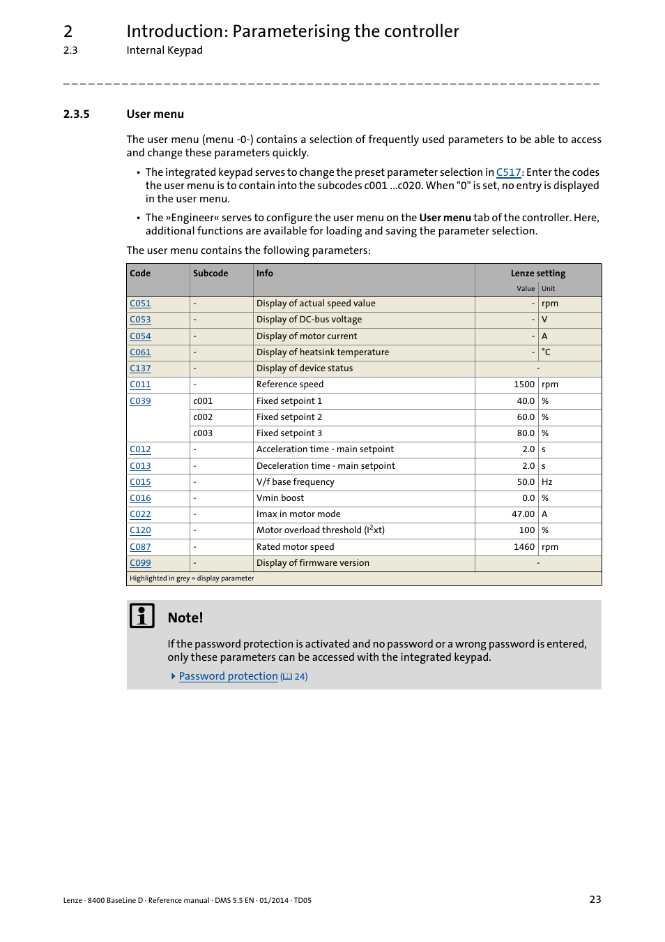 5 user menu, User menu, User menu ( 23) | 2introduction: parameterising the controller | Lenze 8400 BaseLine D User Manual | Page 23 / 260