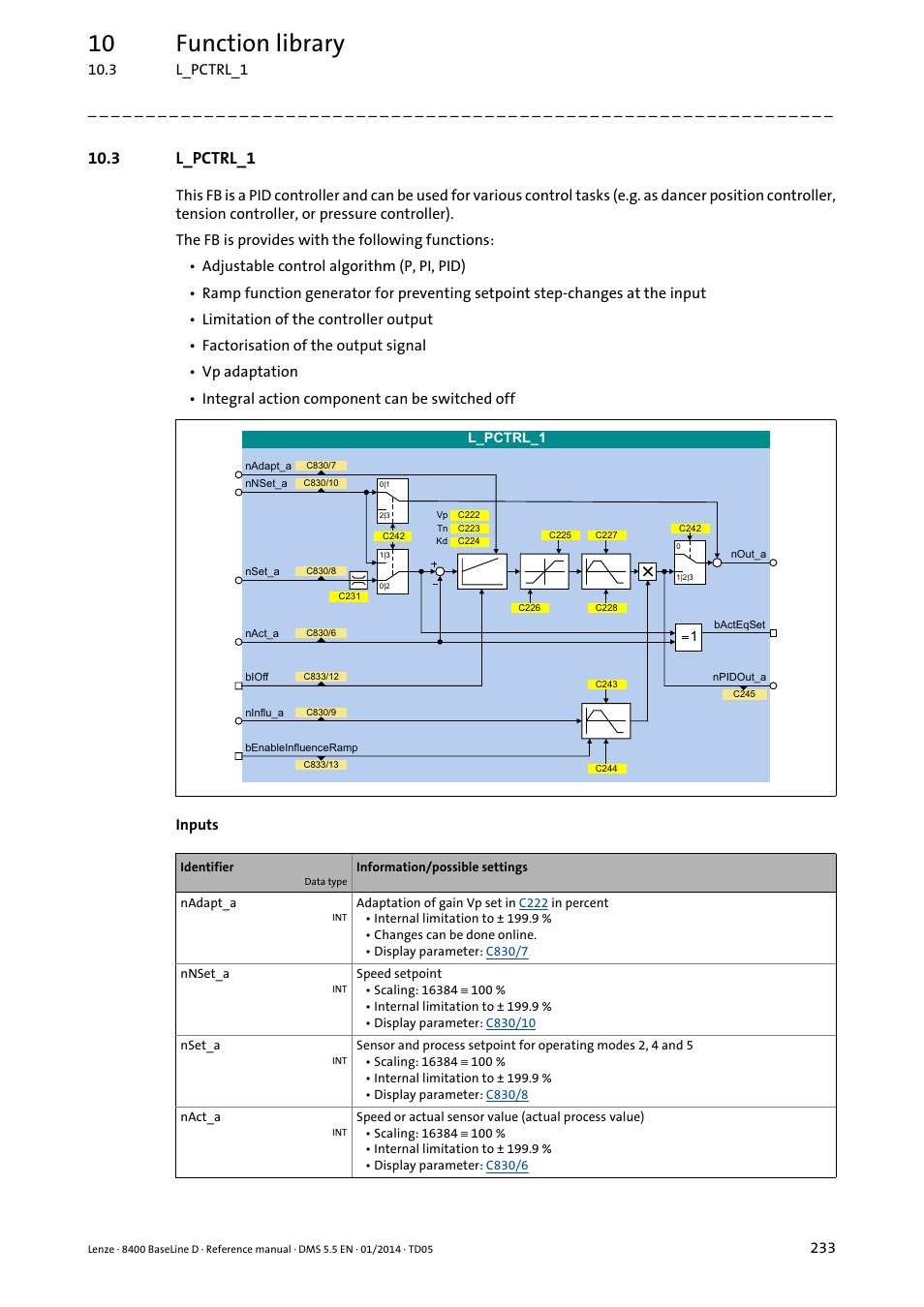 3 l_pctrl_1, L_pctrl_1, S controller | L_pctrl, 10 function library | Lenze 8400 BaseLine D User Manual | Page 233 / 260