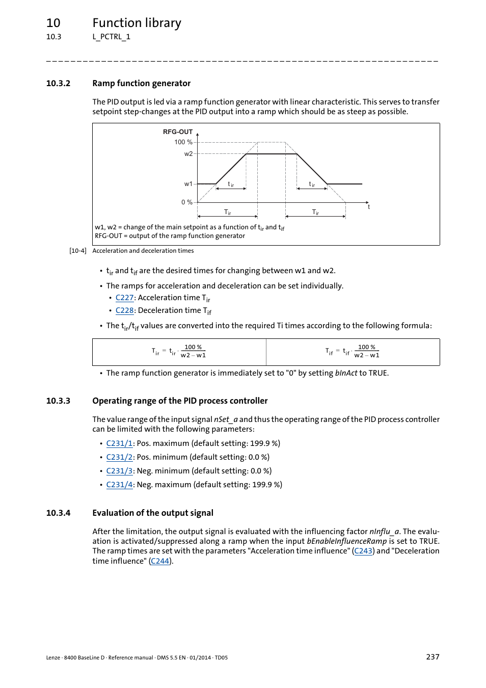 2 ramp function generator, 3 operating range of the pid process controller, 4 evaluation of the output signal | Ramp function generator, Operating range of the pid process controller, Evaluation of the output signal, 10 function library | Lenze 8400 BaseLine D User Manual | Page 237 / 260