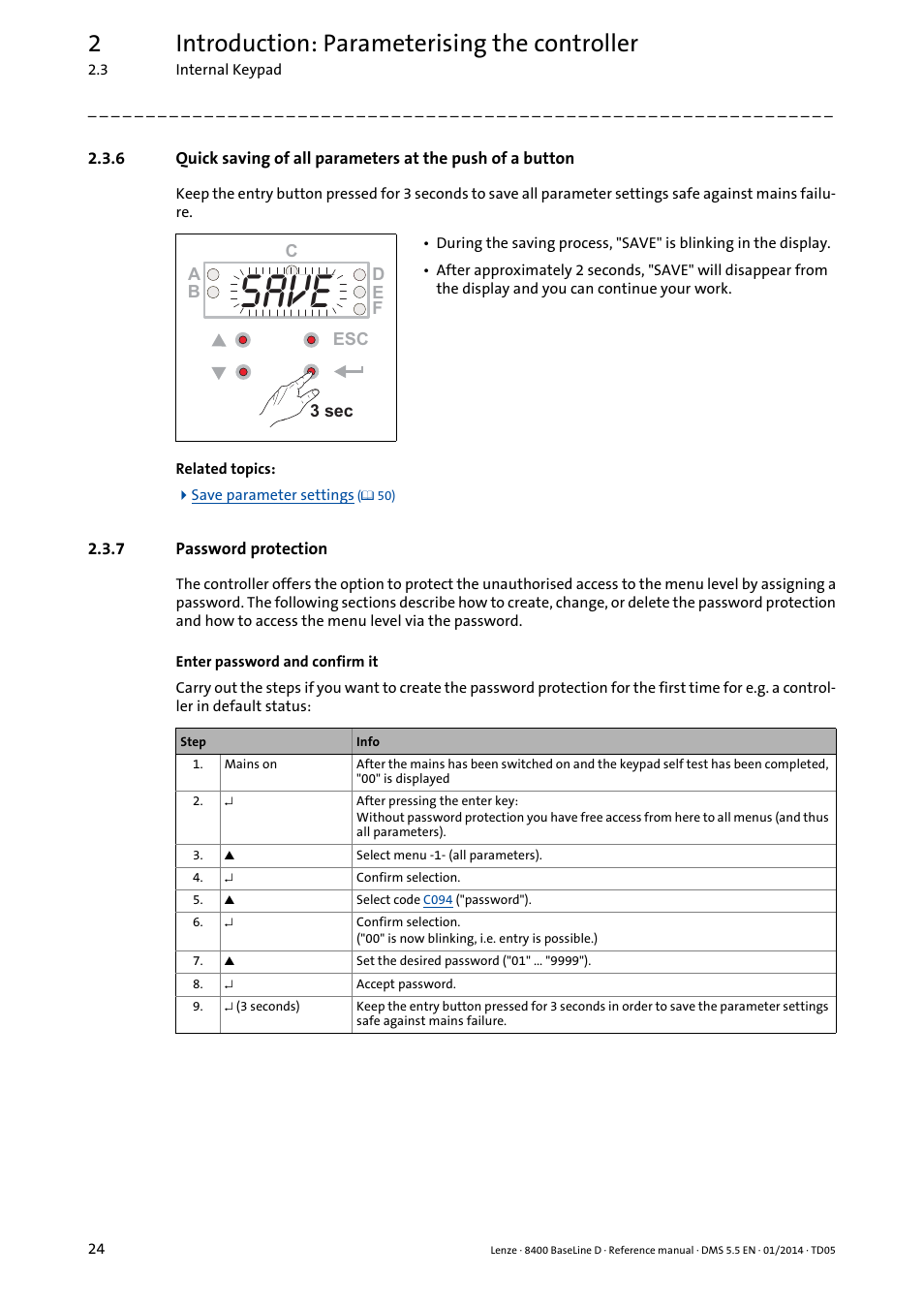 7 password protection, Password protection, Save | 2introduction: parameterising the controller | Lenze 8400 BaseLine D User Manual | Page 24 / 260