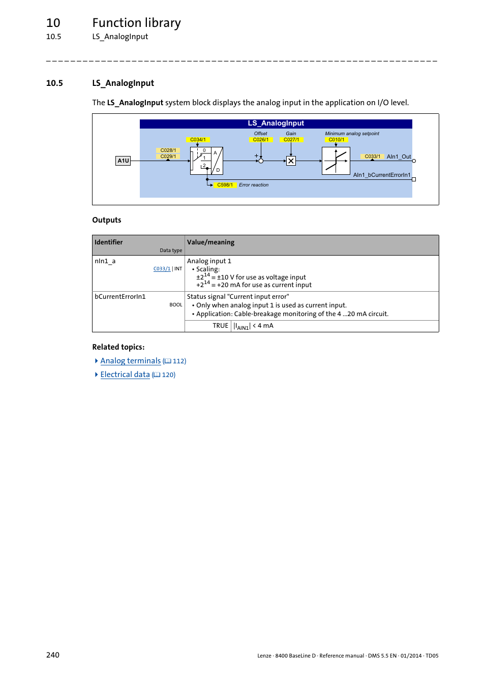 5 ls_analoginput, Ls_analoginput, 10 function library | Lenze 8400 BaseLine D User Manual | Page 240 / 260
