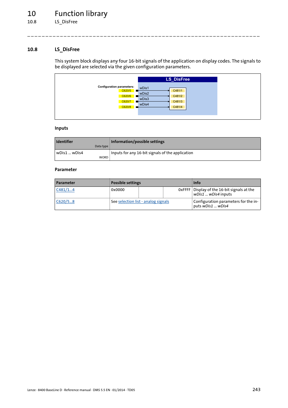 8 ls_disfree, Ls_disfree, Display of | 10 function library | Lenze 8400 BaseLine D User Manual | Page 243 / 260