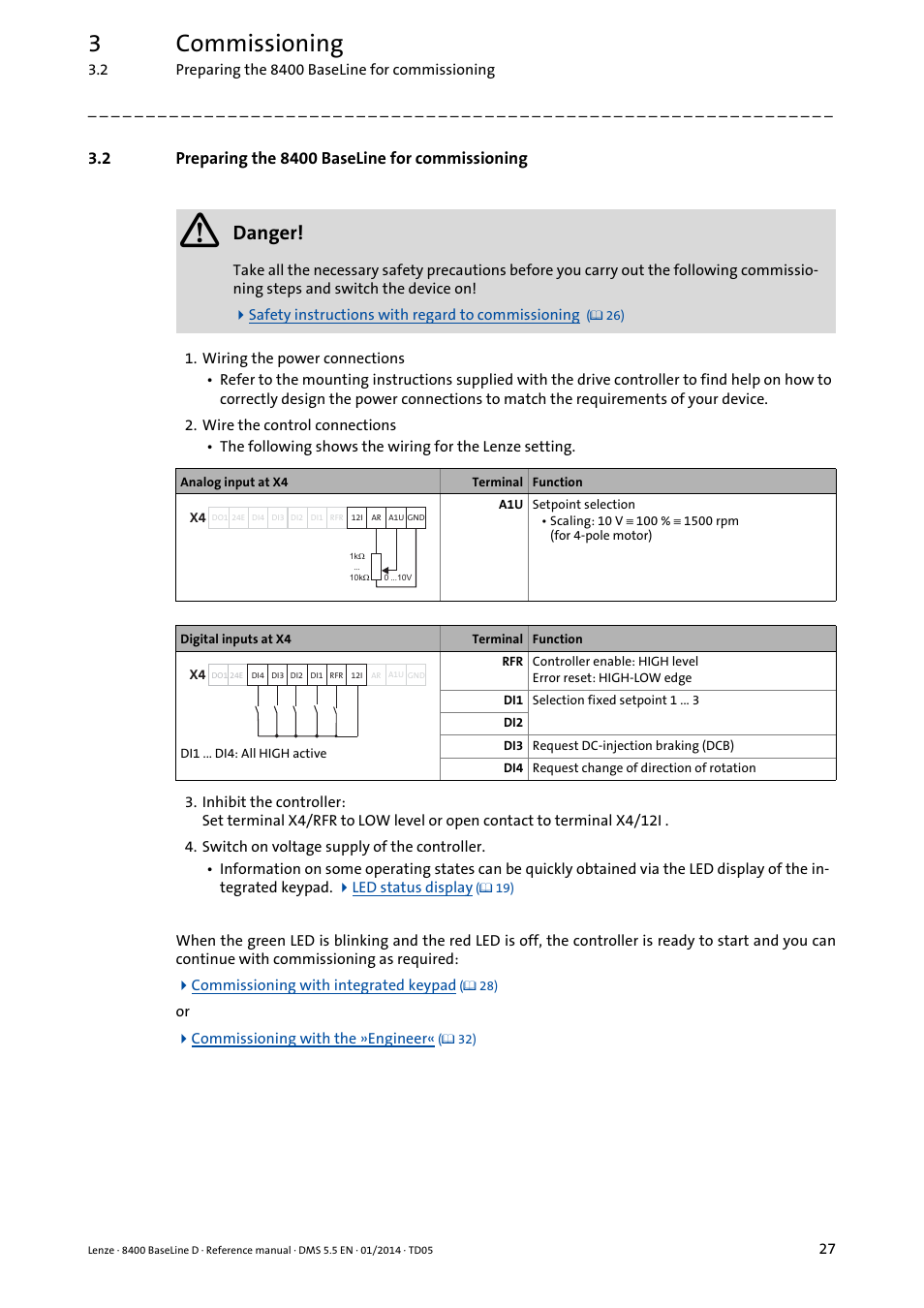 2 preparing the 8400 baseline for commissioning, Preparing the 8400 baseline for commissioning, 3commissioning | Danger | Lenze 8400 BaseLine D User Manual | Page 27 / 260