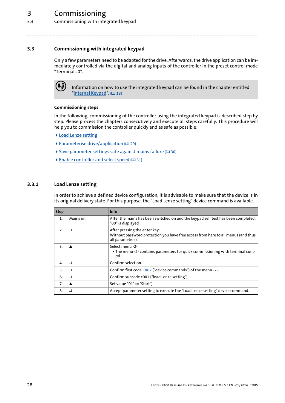3 commissioning with integrated keypad, 1 load lenze setting, Commissioning with integrated keypad | Load lenze setting, 3commissioning | Lenze 8400 BaseLine D User Manual | Page 28 / 260