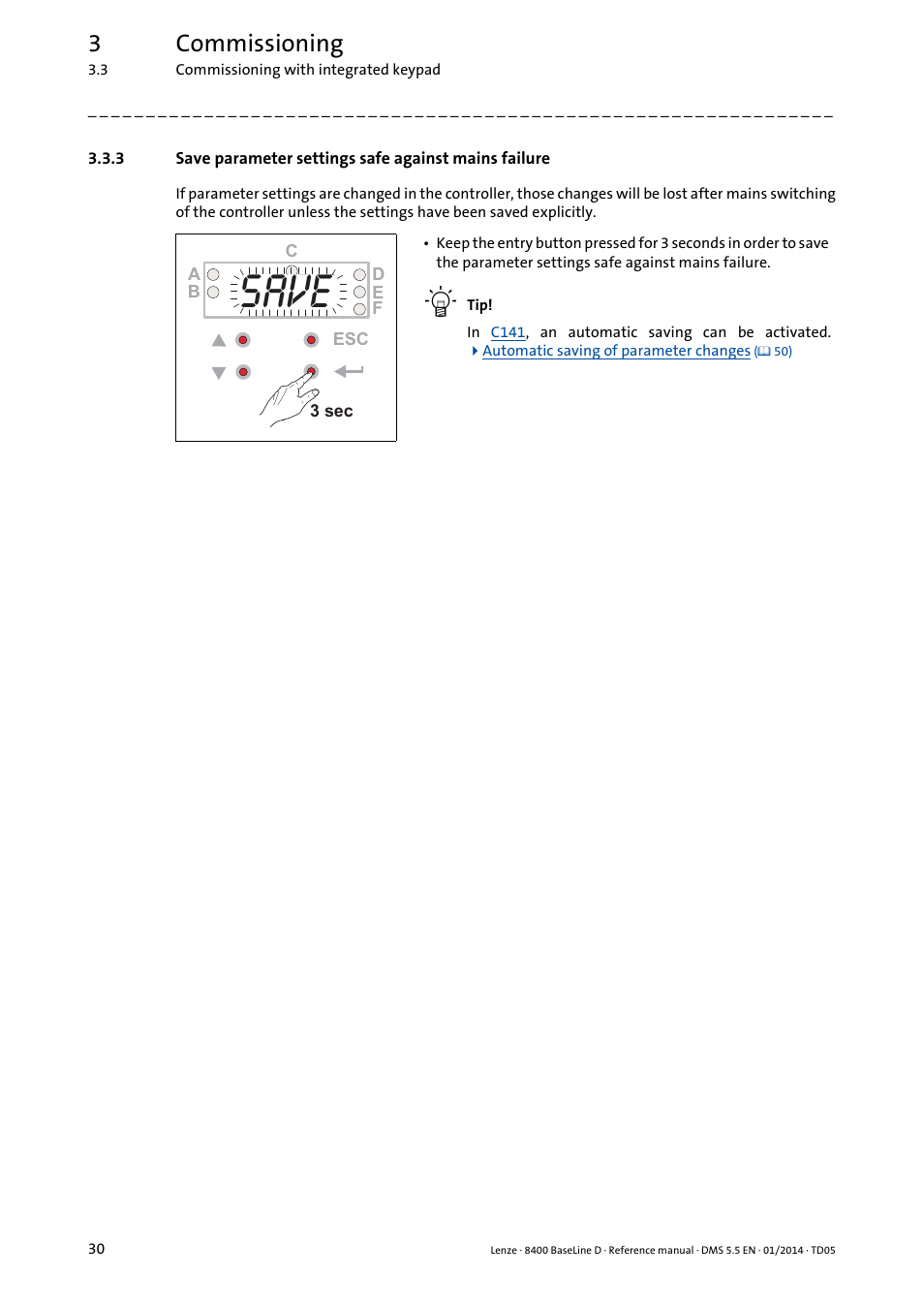 Save parameter settings safe against mains failure, Save, 3commissioning | Lenze 8400 BaseLine D User Manual | Page 30 / 260