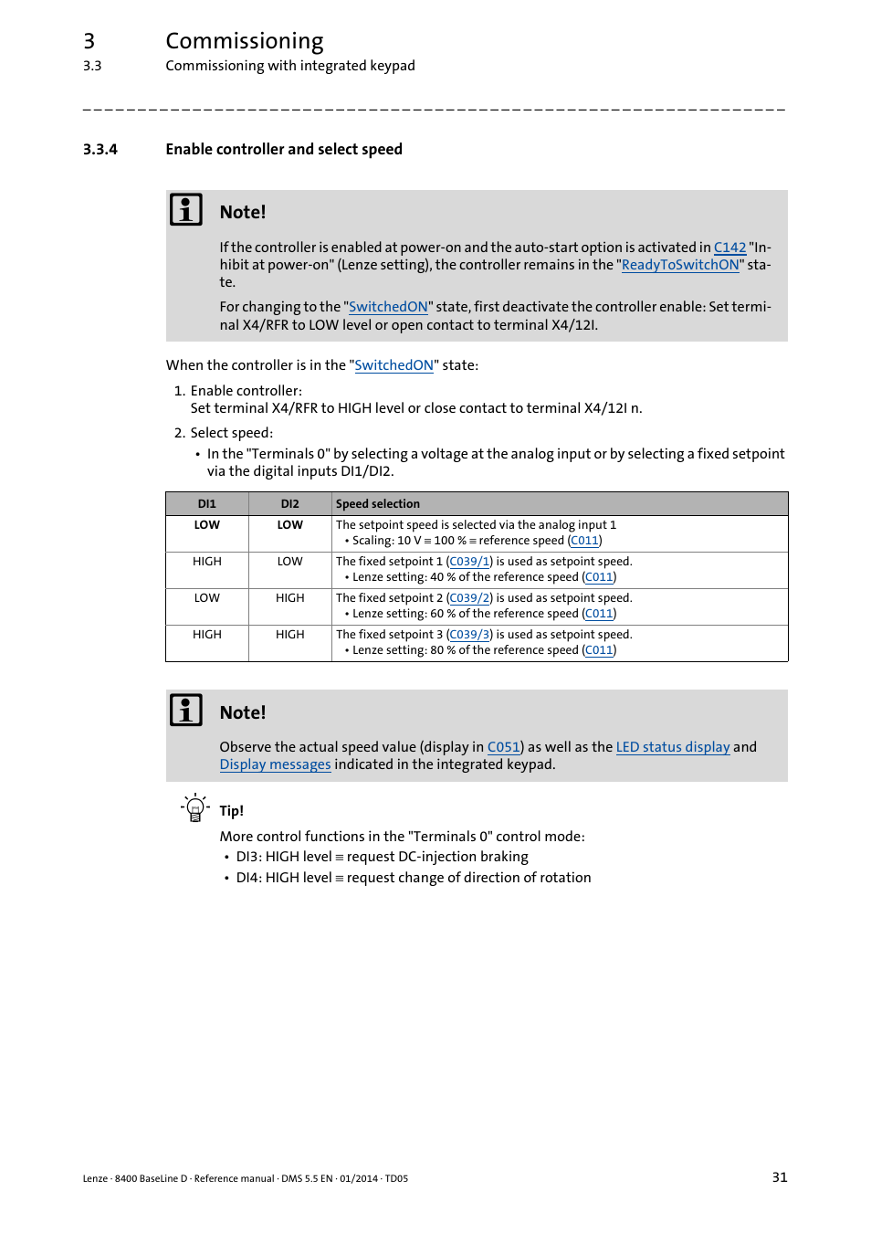 4 enable controller and select speed, Enable controller and select speed, 3commissioning | Lenze 8400 BaseLine D User Manual | Page 31 / 260