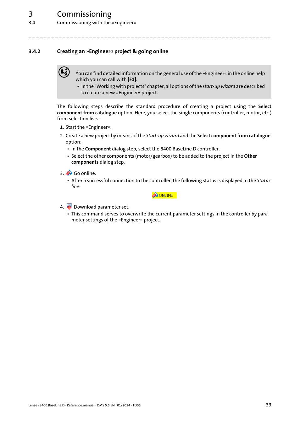 2 creating an »engineer« project & going online, Creating an »engineer« project & going online, 3commissioning | Lenze 8400 BaseLine D User Manual | Page 33 / 260