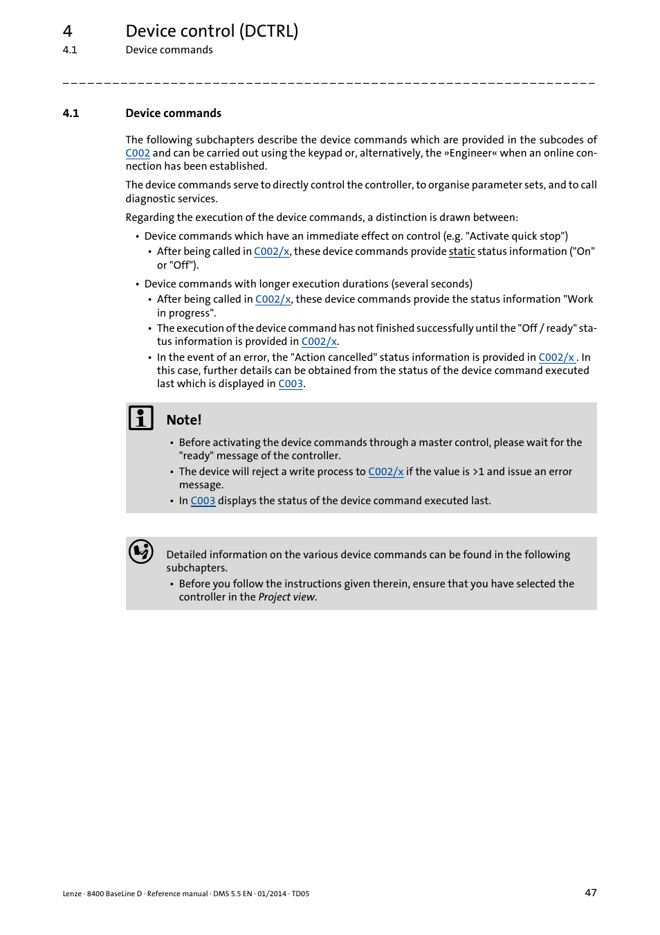 1 device commands, Device commands, 4device control (dctrl) | Lenze 8400 BaseLine D User Manual | Page 47 / 260