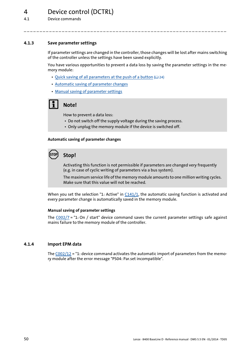 3 save parameter settings, 4 import epm data, Save parameter settings | Import epm data, Automatic saving of parameter changes, Manual saving of parameter settings, 4device control (dctrl) | Lenze 8400 BaseLine D User Manual | Page 50 / 260