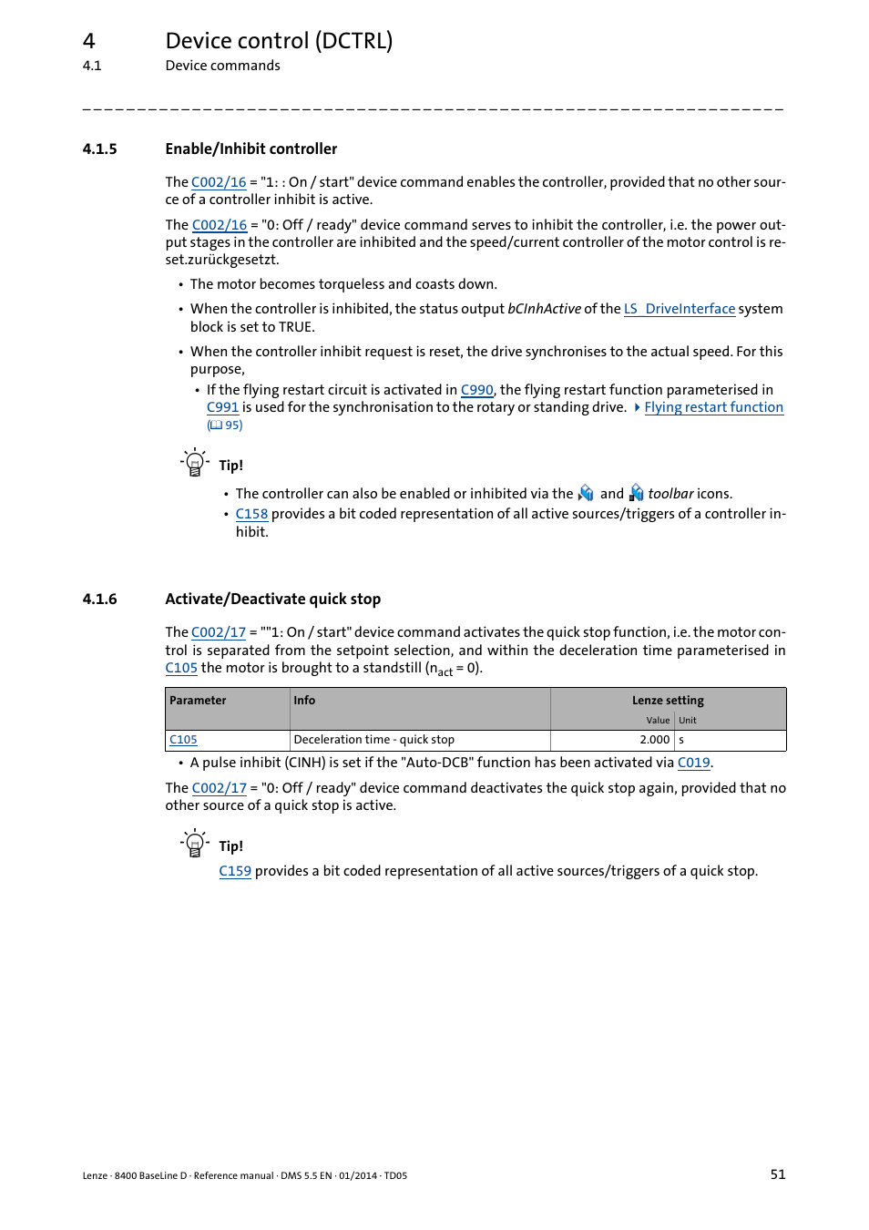 5 enable/inhibit controller, 6 activate/deactivate quick stop, Enable/inhibit controller | Activate/deactivate quick stop, Activate/deactivate quick stop ( 51), 4device control (dctrl) | Lenze 8400 BaseLine D User Manual | Page 51 / 260