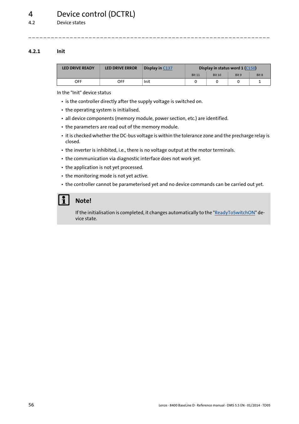 1 init, Init, 4device control (dctrl) | Lenze 8400 BaseLine D User Manual | Page 56 / 260