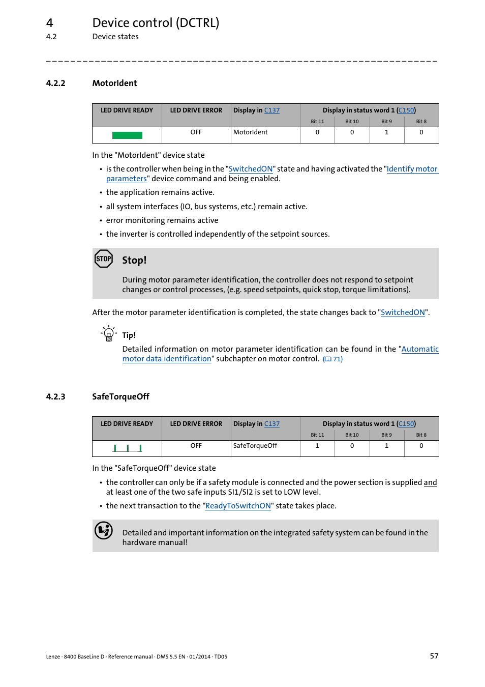 2 motorident, 3 safetorqueoff, Motorident | Safetorqueoff, Device state, 4device control (dctrl), Stop | Lenze 8400 BaseLine D User Manual | Page 57 / 260
