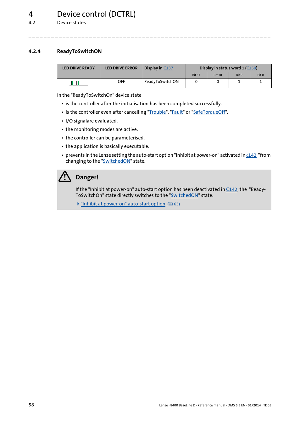 4 readytoswitchon, Readytoswitchon, 4device control (dctrl) | Danger | Lenze 8400 BaseLine D User Manual | Page 58 / 260