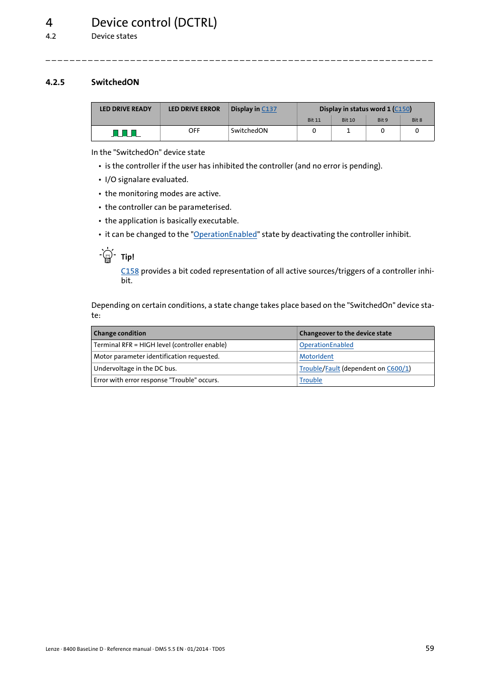 5 switchedon, Switchedon, State | 4device control (dctrl) | Lenze 8400 BaseLine D User Manual | Page 59 / 260