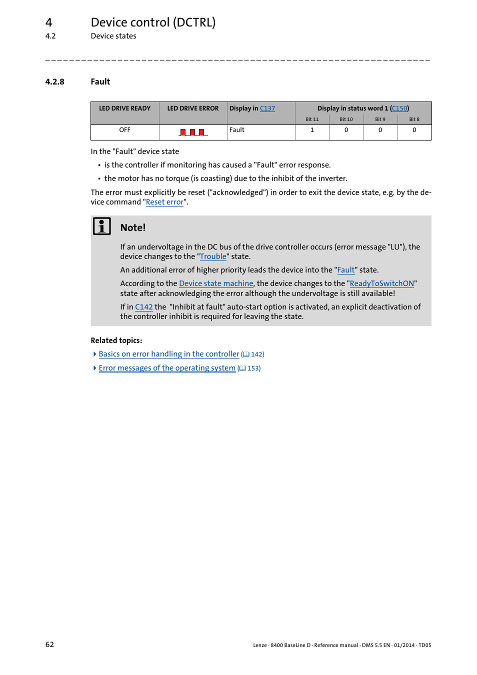 8 fault, Fault, 4device control (dctrl) | Lenze 8400 BaseLine D User Manual | Page 62 / 260