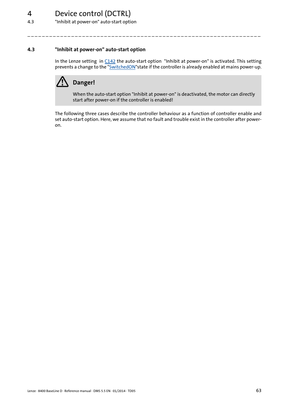 3 "inhibit at power-on" auto-start option, Inhibit at power-on" auto-start option, 4device control (dctrl) | Lenze 8400 BaseLine D User Manual | Page 63 / 260