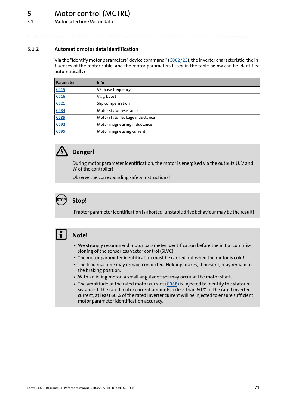 2 automatic motor data identification, Automatic motor data identification, Subcha | Automatic, Motor data identification, 5motor control (mctrl) | Lenze 8400 BaseLine D User Manual | Page 71 / 260