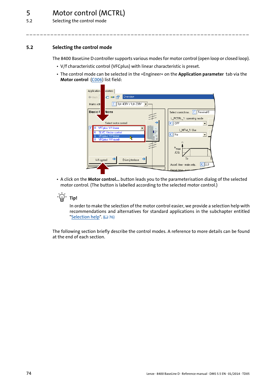 2 selecting the control mode, Selecting the control mode, 5motor control (mctrl) | Lenze 8400 BaseLine D User Manual | Page 74 / 260