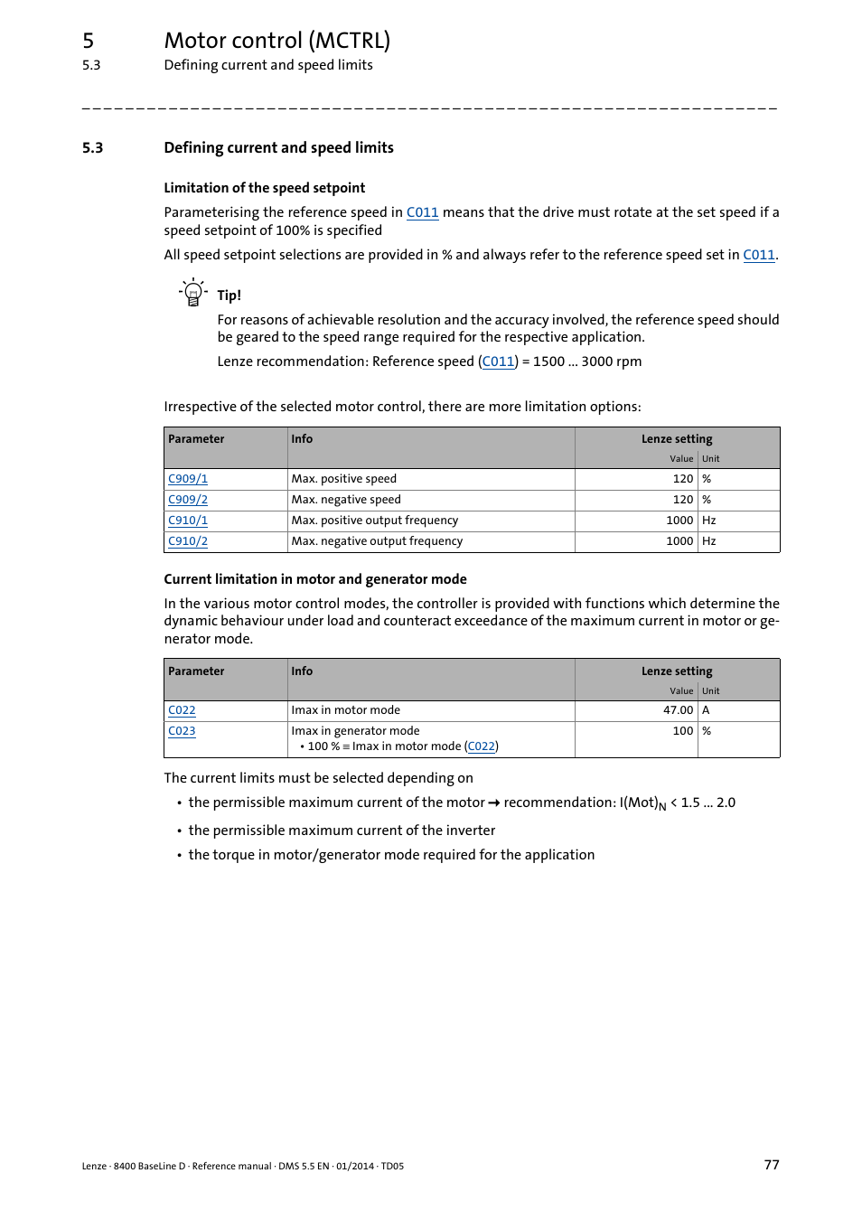 3 defining current and speed limits, Defining current and speed limits, 5motor control (mctrl) | Lenze 8400 BaseLine D User Manual | Page 77 / 260