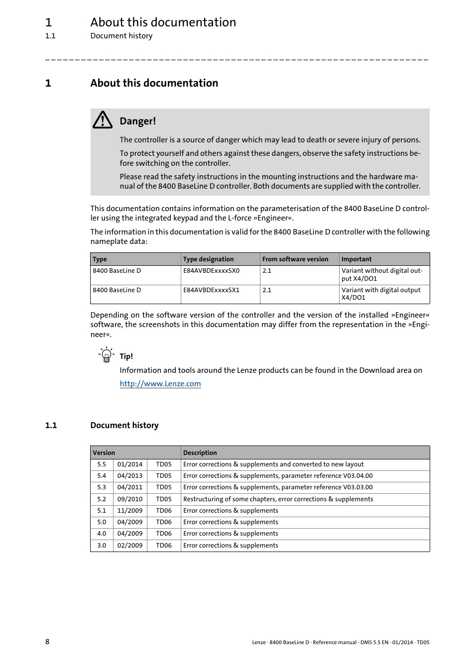 1 about this documentation, 1 document history, About this documentation | Document history, 1about this documentation, Danger | Lenze 8400 BaseLine D User Manual | Page 8 / 260