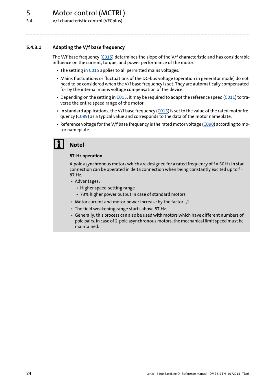 1 adapting the v/f base frequency, Adapting the v/f base frequency, Adapting the v/f base frequency ( 84) | 5motor control (mctrl) | Lenze 8400 BaseLine D User Manual | Page 84 / 260