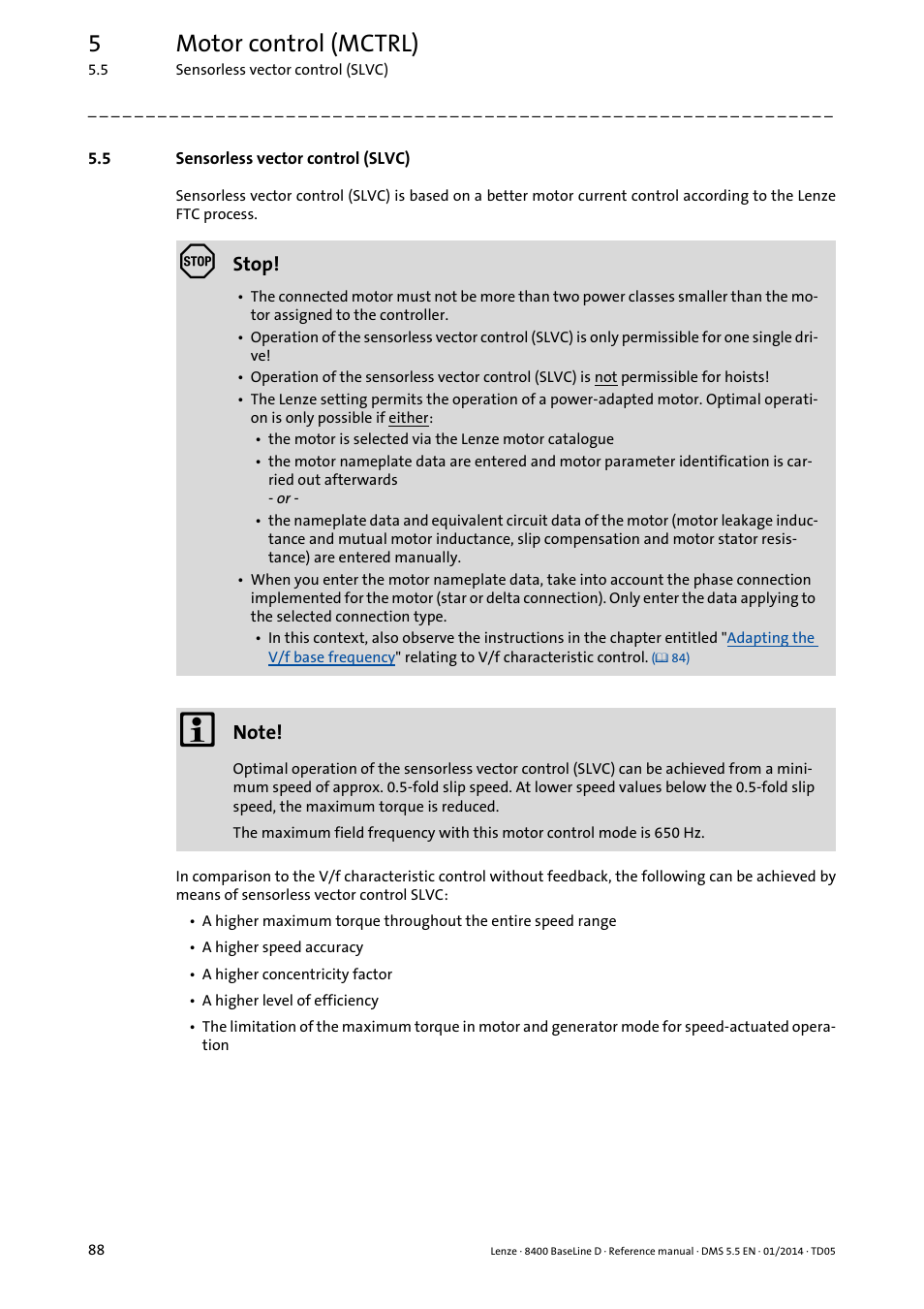 5 sensorless vector control (slvc), Sensorless vector control (slvc), 5motor control (mctrl) | Lenze 8400 BaseLine D User Manual | Page 88 / 260