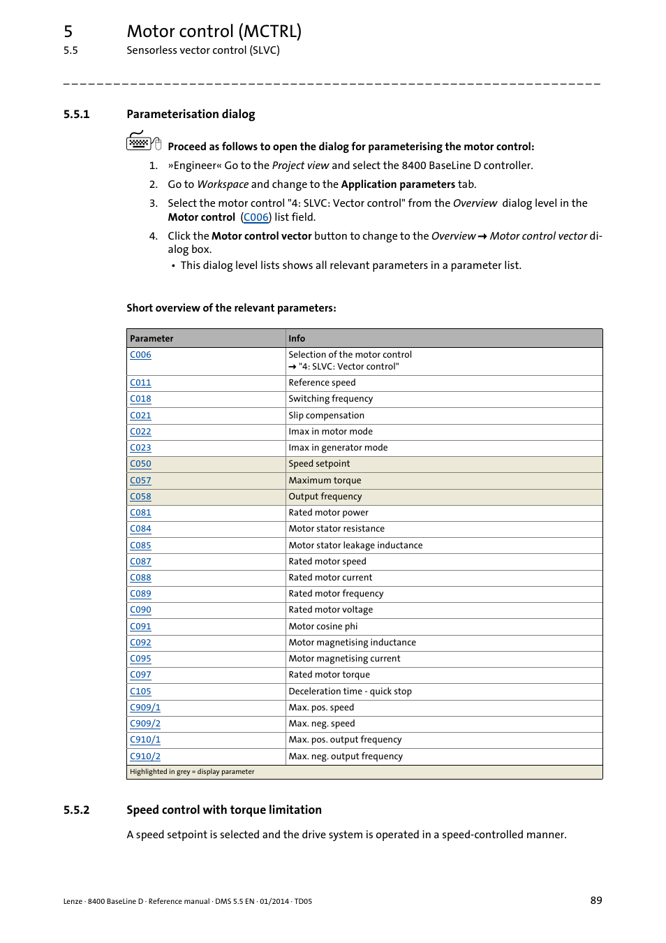 1 parameterisation dialog, 2 speed control with torque limitation, Parameterisation dialog | Speed control with torque limitation, 5motor control (mctrl) | Lenze 8400 BaseLine D User Manual | Page 89 / 260