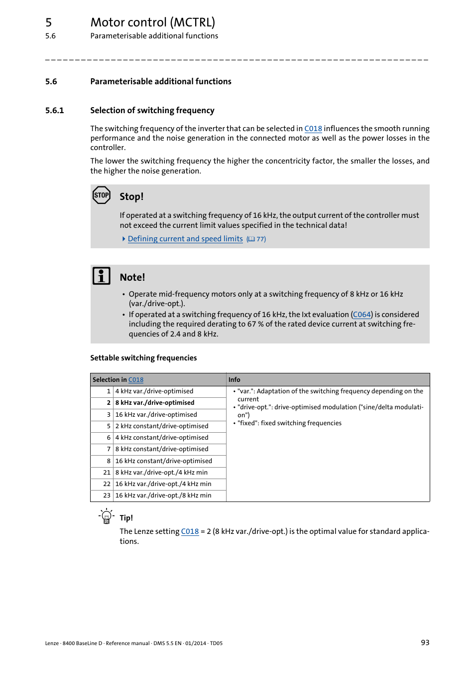 6 parameterisable additional functions, 1 selection of switching frequency, Parameterisable additional functions | Selection of switching frequency, Chapter, 5motor control (mctrl) | Lenze 8400 BaseLine D User Manual | Page 93 / 260