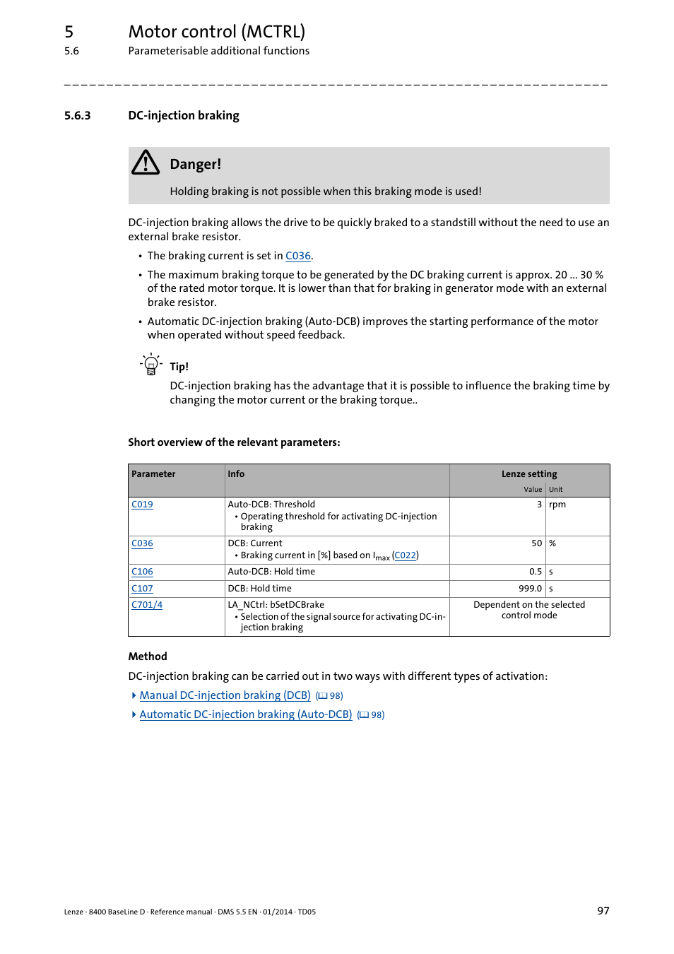 3 dc-injection braking, Dc-injection braking, 5motor control (mctrl) | Danger | Lenze 8400 BaseLine D User Manual | Page 97 / 260