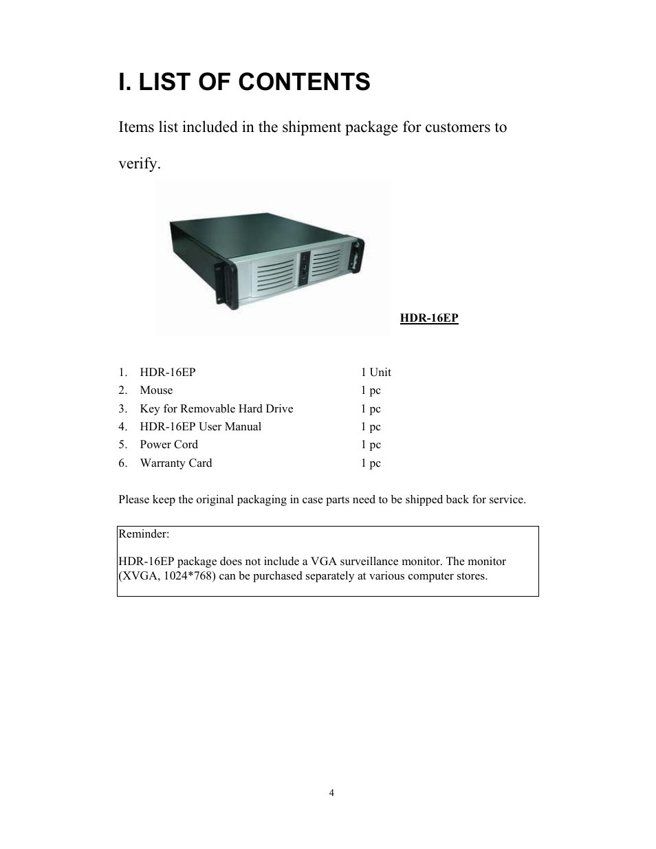 I. list of contents | BenQ HDR-16EP User Manual | Page 4 / 51