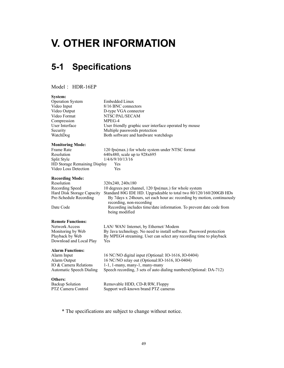 V. other information, 1 specifications | BenQ HDR-16EP User Manual | Page 49 / 51