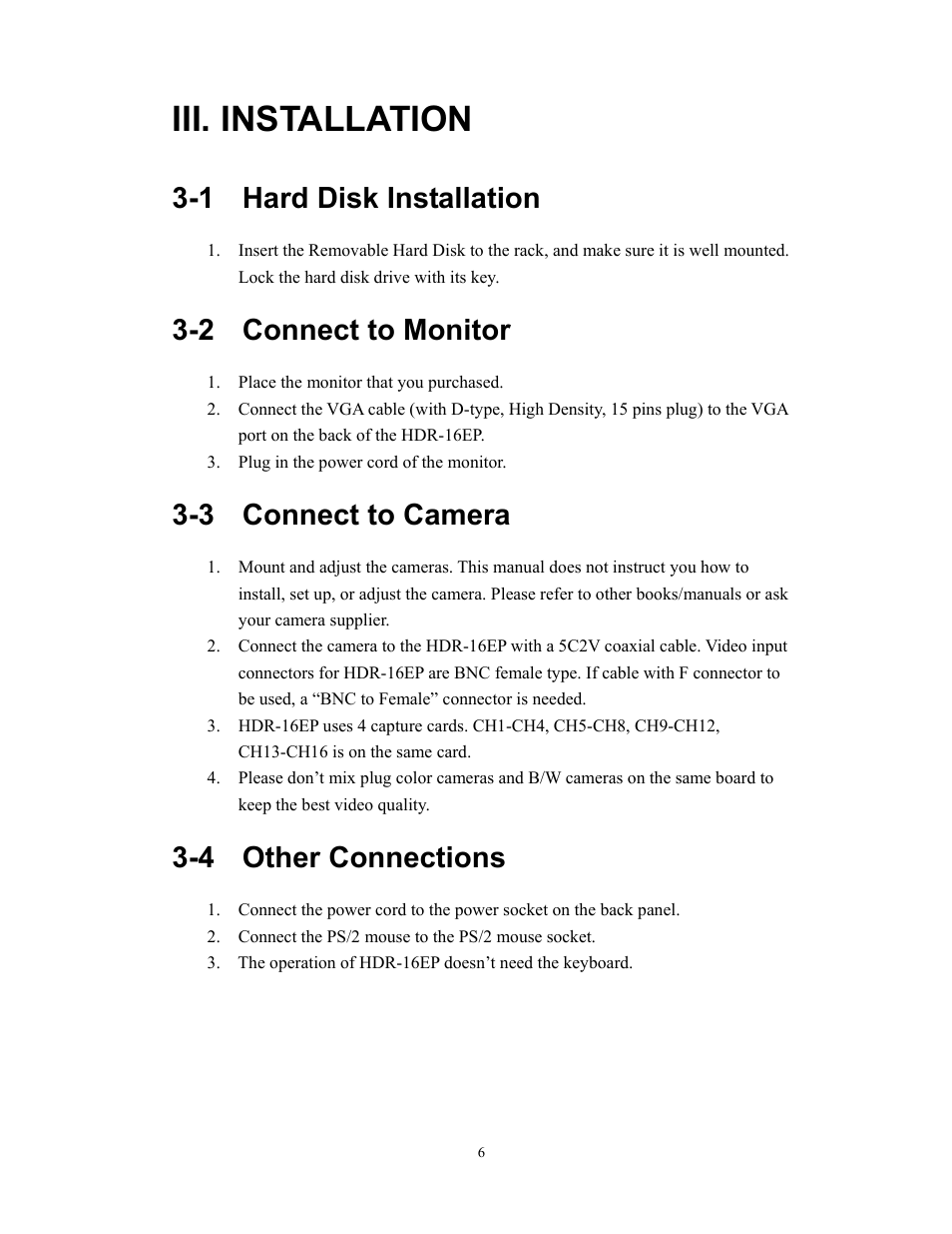 Iii. installation, 1 hard disk installation, 2 connect to monitor | 3 connect to camera, 4 other connections | BenQ HDR-16EP User Manual | Page 6 / 51