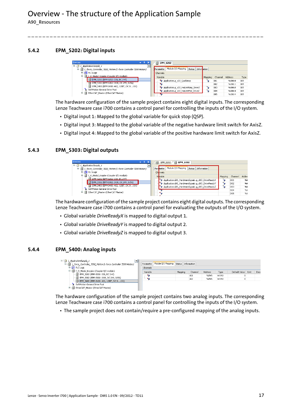 2 epm_s202: digital inputs, 3 epm_s303: digital outputs, 4 epm_s400: analog inputs | Epm_s202: digital inputs, Epm_s303: digital outputs, Epm_s400: analog inputs, Overview - the structure of the application sample | Lenze E70ACxS Application Sample i700 (PLC Designer v3) User Manual | Page 17 / 33
