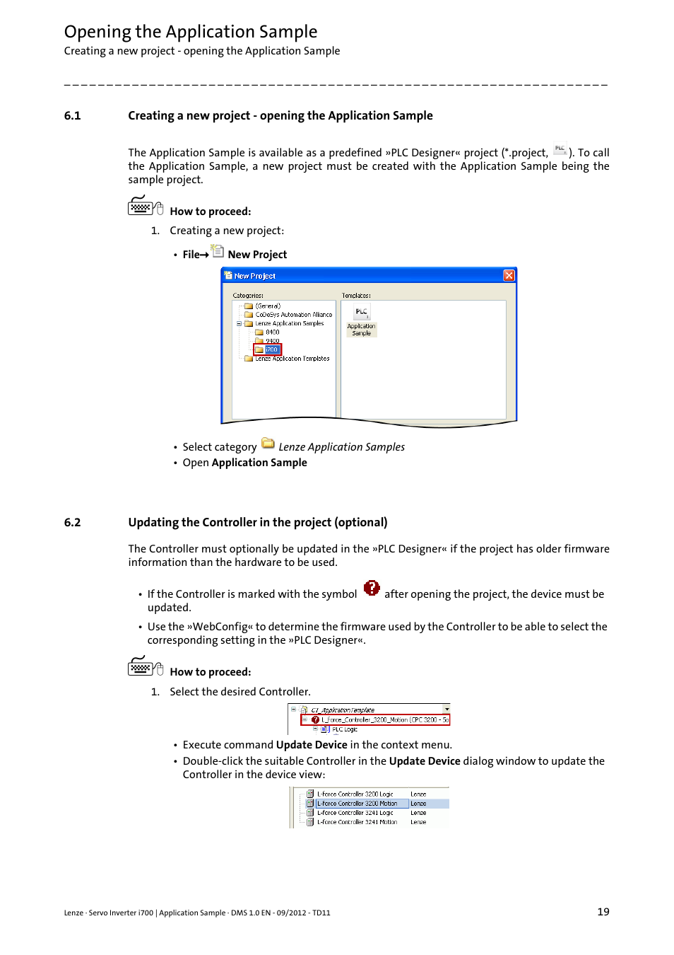 Updating the controller in the project (optional), Opening the application sample | Lenze E70ACxS Application Sample i700 (PLC Designer v3) User Manual | Page 19 / 33