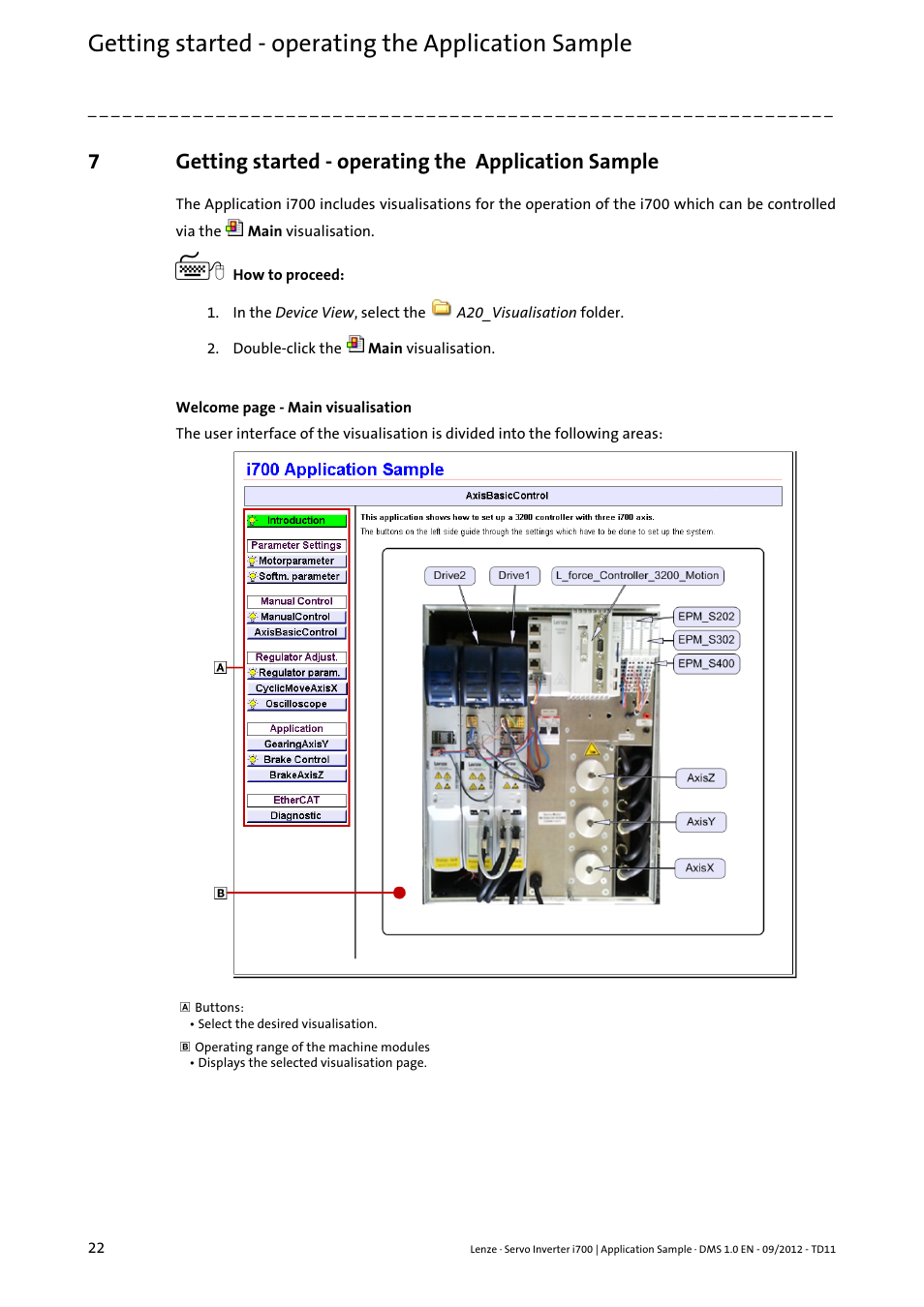 Getting started - operating the application sample | Lenze E70ACxS Application Sample i700 (PLC Designer v3) User Manual | Page 22 / 33