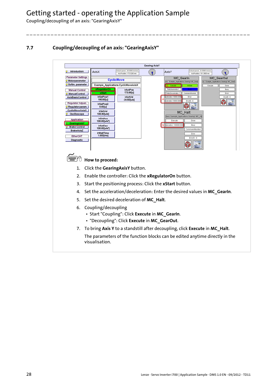 7 coupling/decoupling of an axis: "gearingaxisy, Coupling/decoupling of an axis: "gearingaxisy, Getting started - operating the application sample | Lenze E70ACxS Application Sample i700 (PLC Designer v3) User Manual | Page 28 / 33