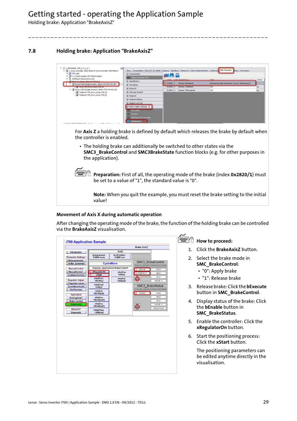 8 holding brake: application "brakeaxisz, Holding brake: application "brakeaxisz, Getting started - operating the application sample | Lenze E70ACxS Application Sample i700 (PLC Designer v3) User Manual | Page 29 / 33