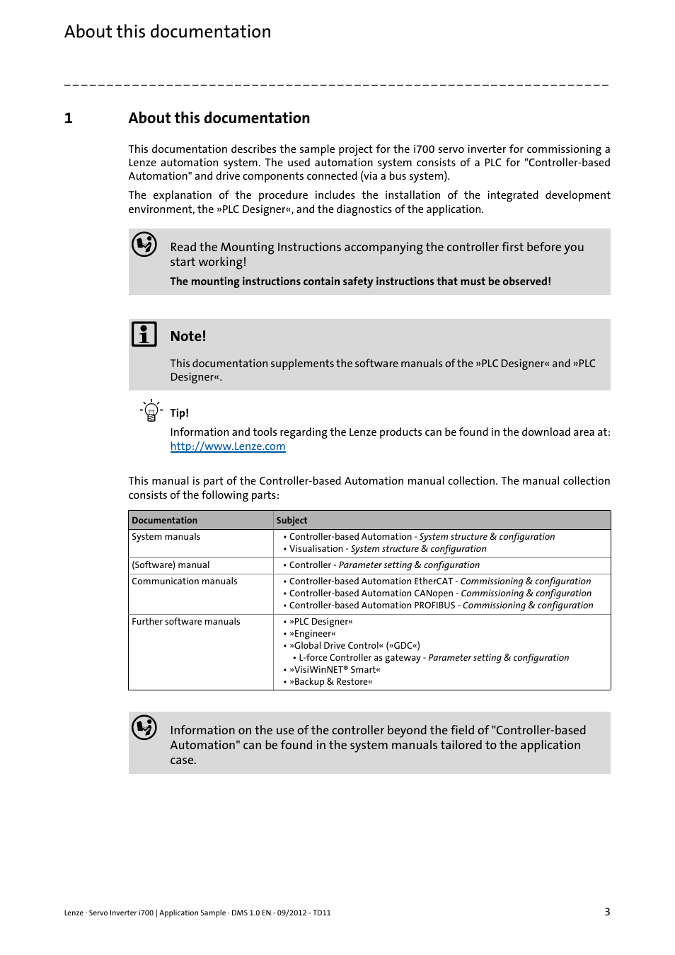1 about this documentation, About this documentation, 1about this documentation | Lenze E70ACxS Application Sample i700 (PLC Designer v3) User Manual | Page 3 / 33
