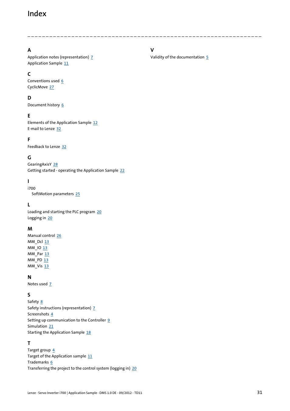 Index | Lenze E70ACxS Application Sample i700 (PLC Designer v3) User Manual | Page 31 / 33