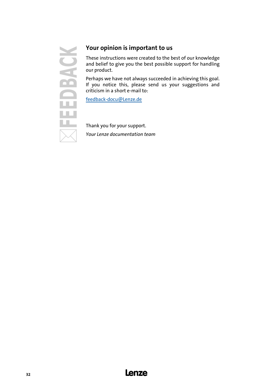 Your opinion is important to us | Lenze E70ACxS Application Sample i700 (PLC Designer v3) User Manual | Page 32 / 33