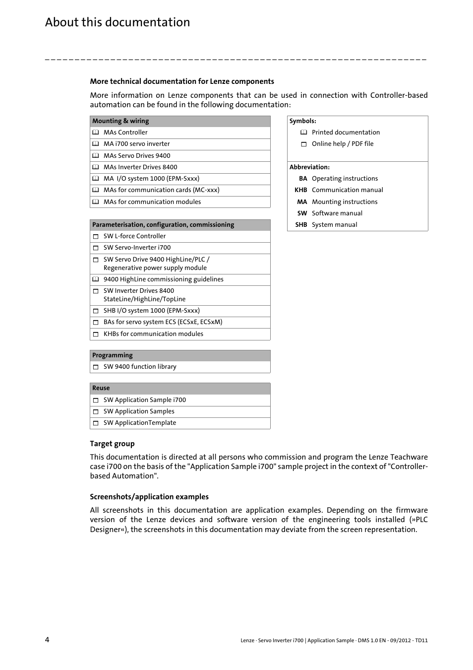 About this documentation | Lenze E70ACxS Application Sample i700 (PLC Designer v3) User Manual | Page 4 / 33