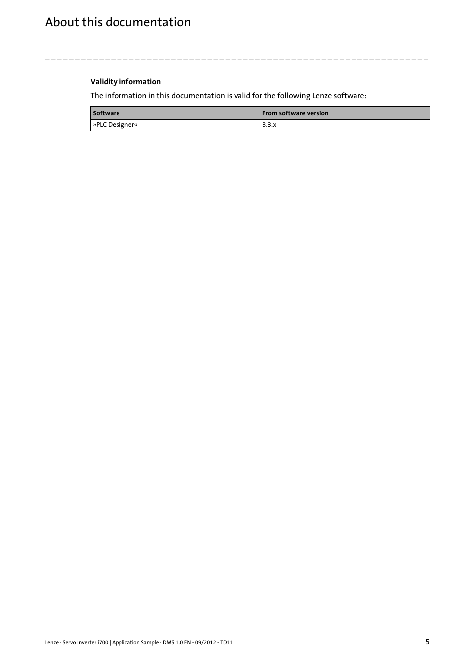 About this documentation | Lenze E70ACxS Application Sample i700 (PLC Designer v3) User Manual | Page 5 / 33