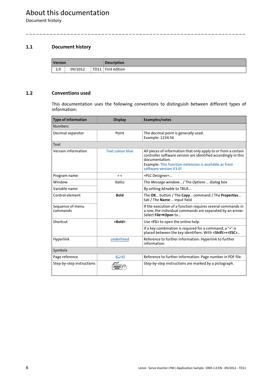 1 document history, 2 conventions used, Document history | Conventions used, About this documentation | Lenze E70ACxS Application Sample i700 (PLC Designer v3) User Manual | Page 6 / 33