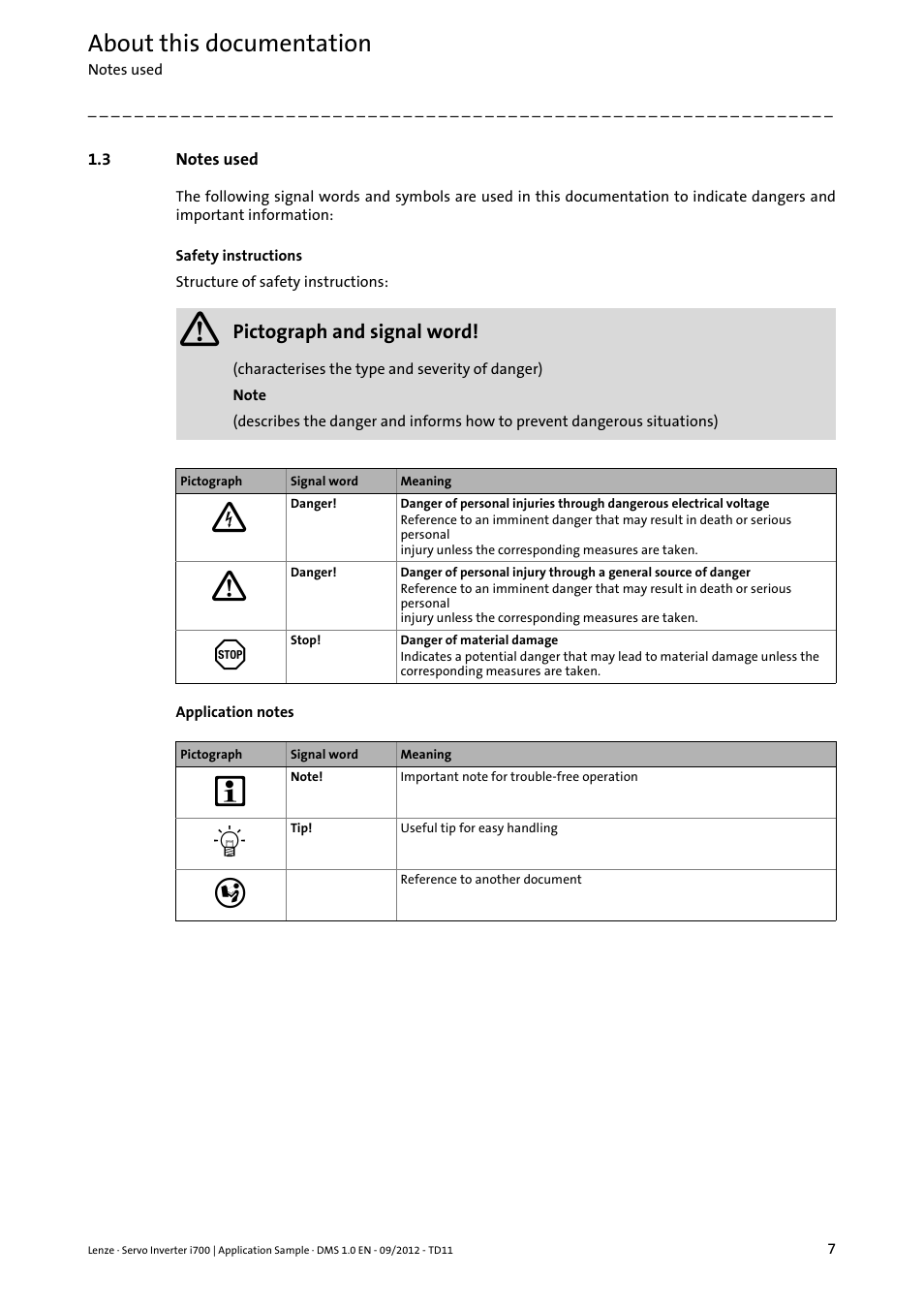 3 notes used, Notes used, About this documentation | Lenze E70ACxS Application Sample i700 (PLC Designer v3) User Manual | Page 7 / 33