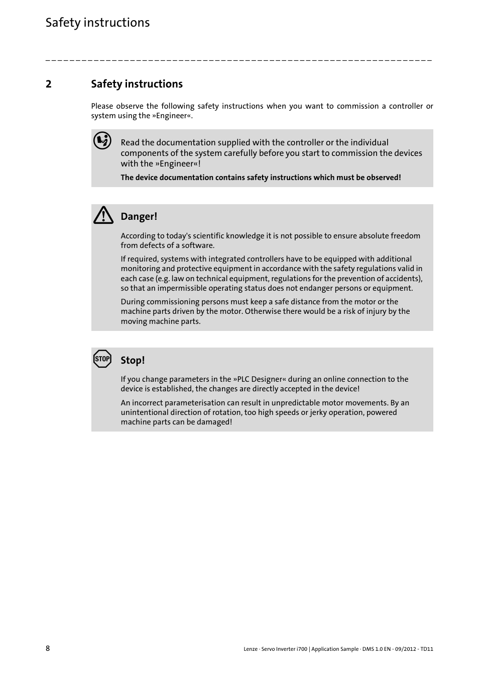 2 safety instructions, Safety instructions | Lenze E70ACxS Application Sample i700 (PLC Designer v3) User Manual | Page 8 / 33
