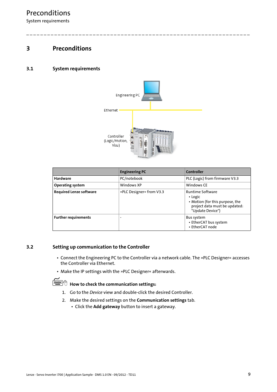 3 preconditions, 1 system requirements, 2 setting up communication to the controller | Preconditions, System requirements, Setting up communication to the controller, 3preconditions | Lenze E70ACxS Application Sample i700 (PLC Designer v3) User Manual | Page 9 / 33