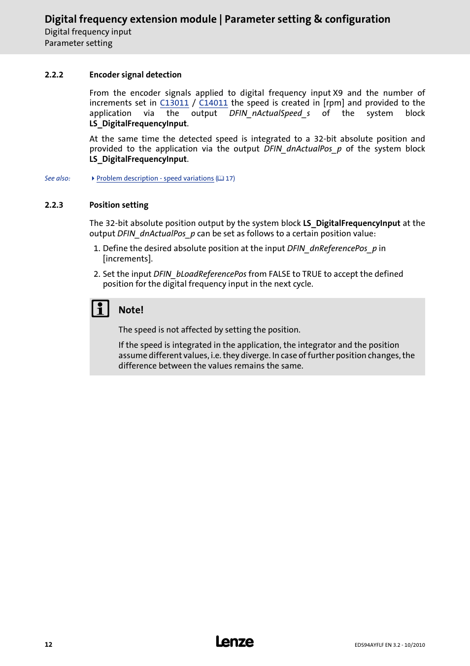 2 encoder signal detection, 3 position setting, 2 encoder signal detection 2.2.3 position setting | Lenze E94AYFLF Digital frequency module User Manual | Page 12 / 54